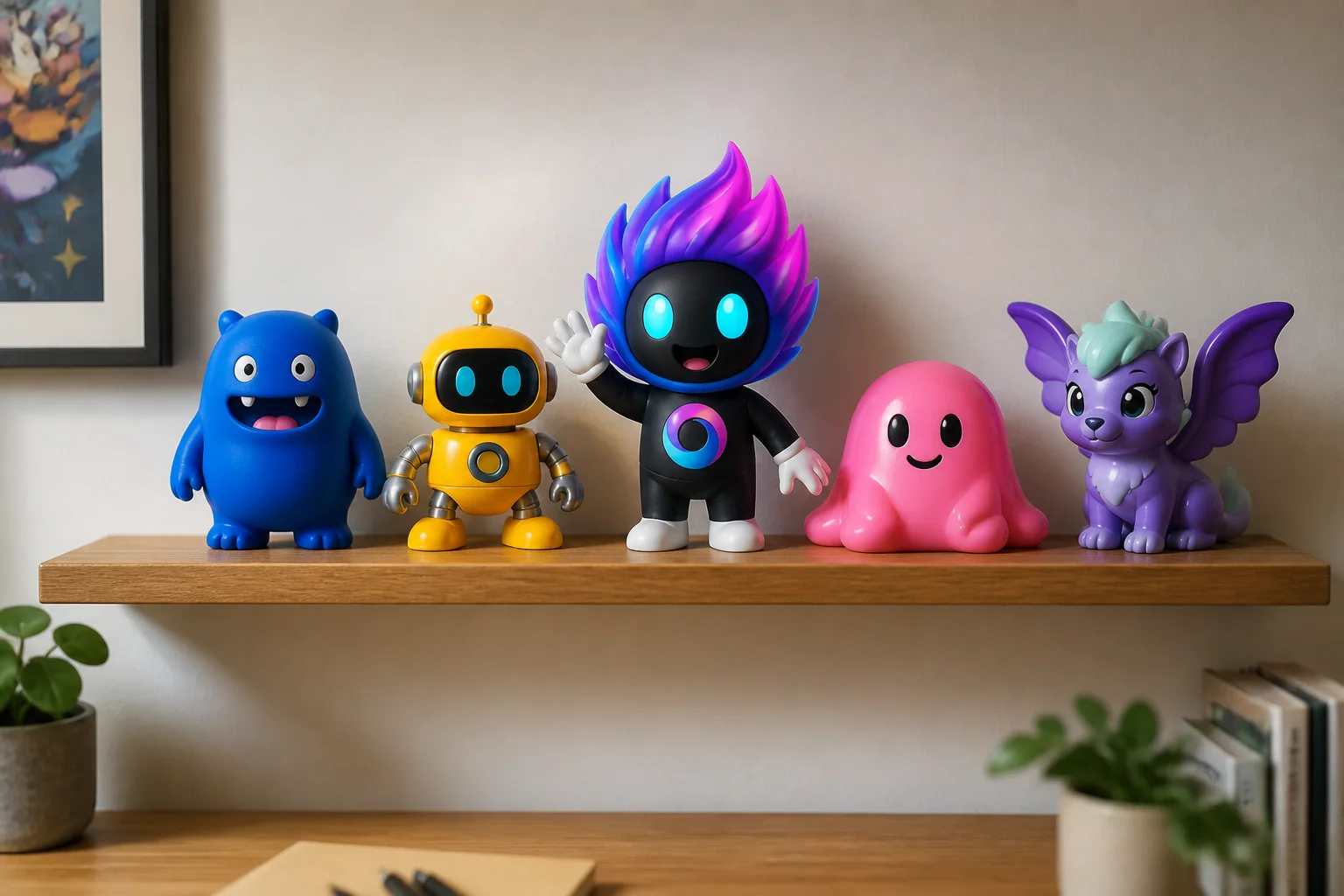 3D characters on a shelf
